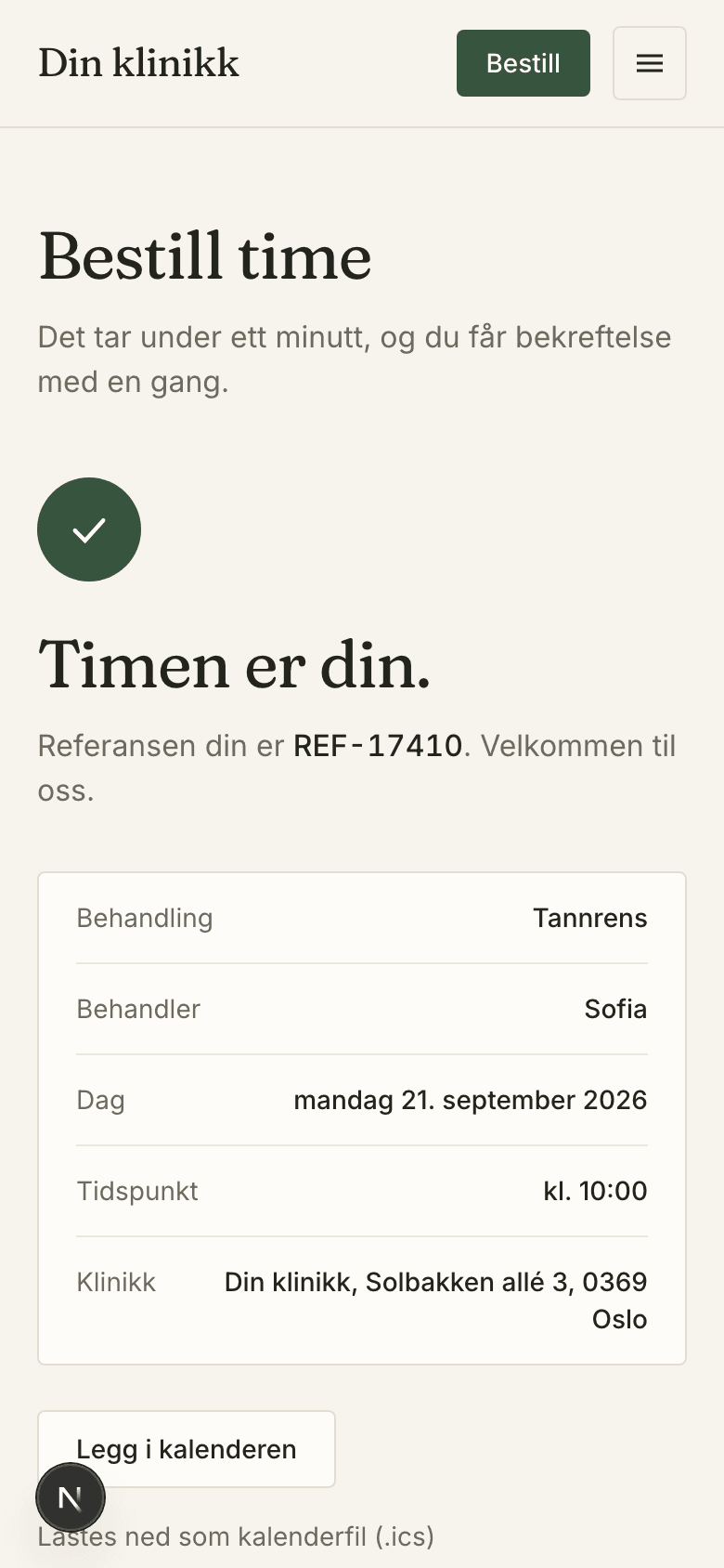 Designkonsept: timen er bekreftet
