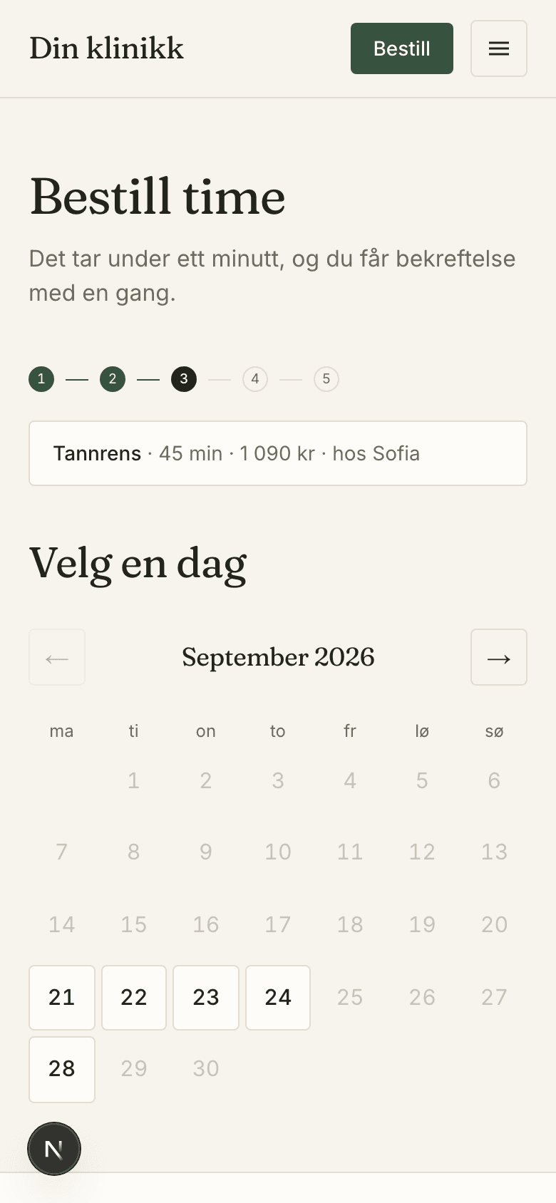 Designkonsept: velg dag i bookingen